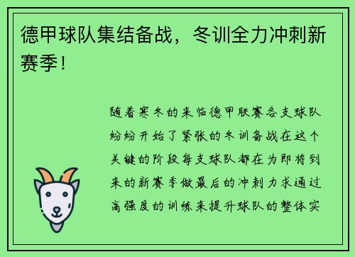 德甲球队集结备战，冬训全力冲刺新赛季！